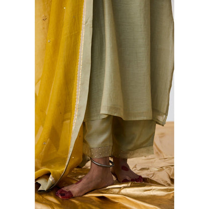 Pant AND PAJAMAS Women Cotton Silk Green Kurta with Pant