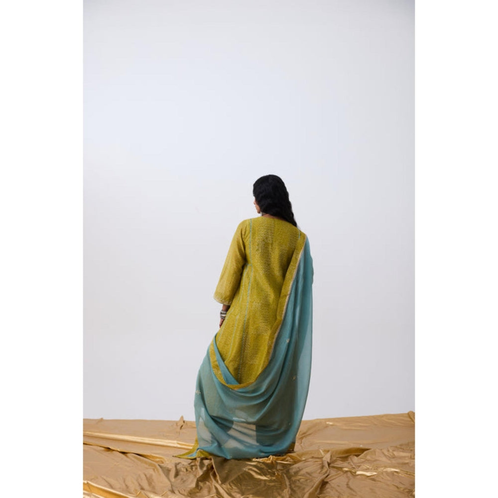 Pant AND PAJAMAS Women Cotton Silk Green Kurta with Pant and Dupatta