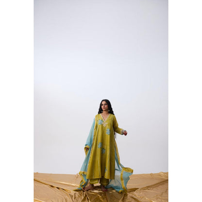 Pant AND PAJAMAS Women Cotton Silk Green Kurta with Pant and Dupatta