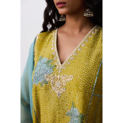 Pant AND PAJAMAS Women Cotton Silk Green Kurta with Pant and Dupatta