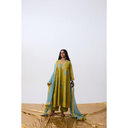 Pant AND PAJAMAS Women Cotton Silk Green Kurta with Pant