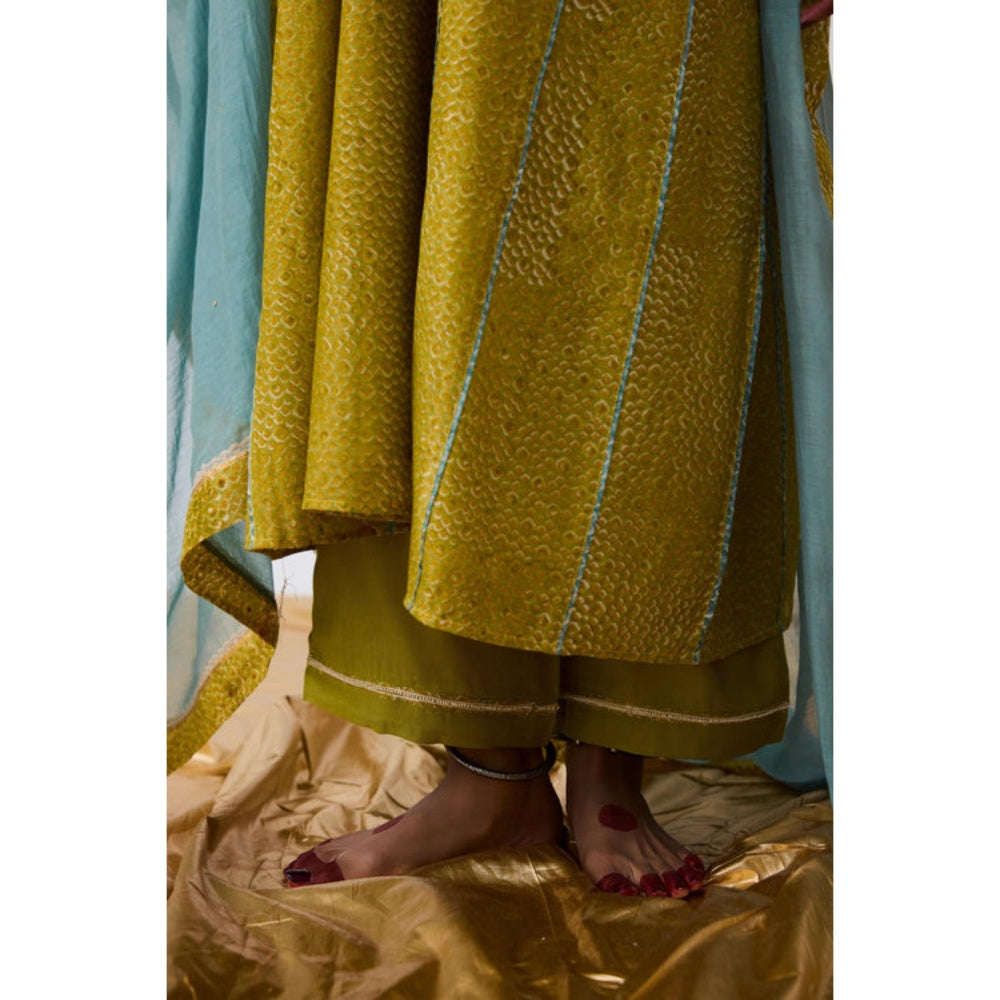 Pant AND PAJAMAS Women Cotton Silk Green Kurta with Pant