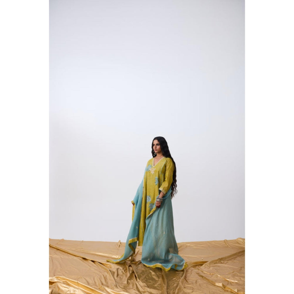 Pant AND PAJAMAS Women Cotton Silk Green Kurta with Pant