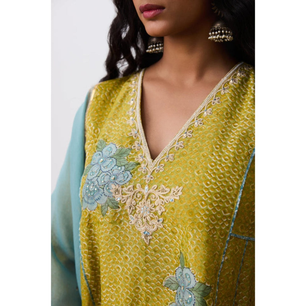 Pant AND PAJAMAS Women Cotton Silk Green Kurta with Pant