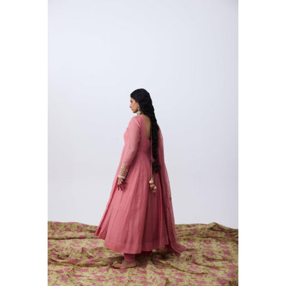 Pant AND PAJAMAS Women Chanderi Pink Kurta with Churidar and Dupatta