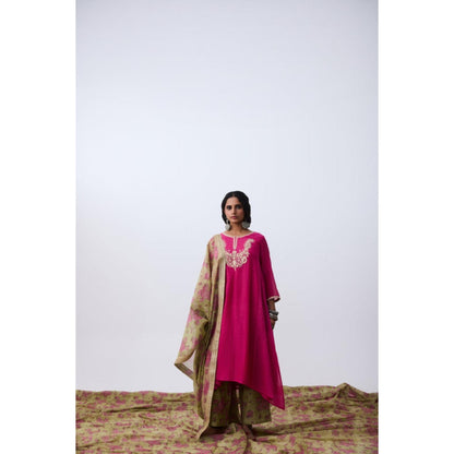 Pant AND PAJAMAS Women Chanderi Pink Kurta with Pant and Dupatta
