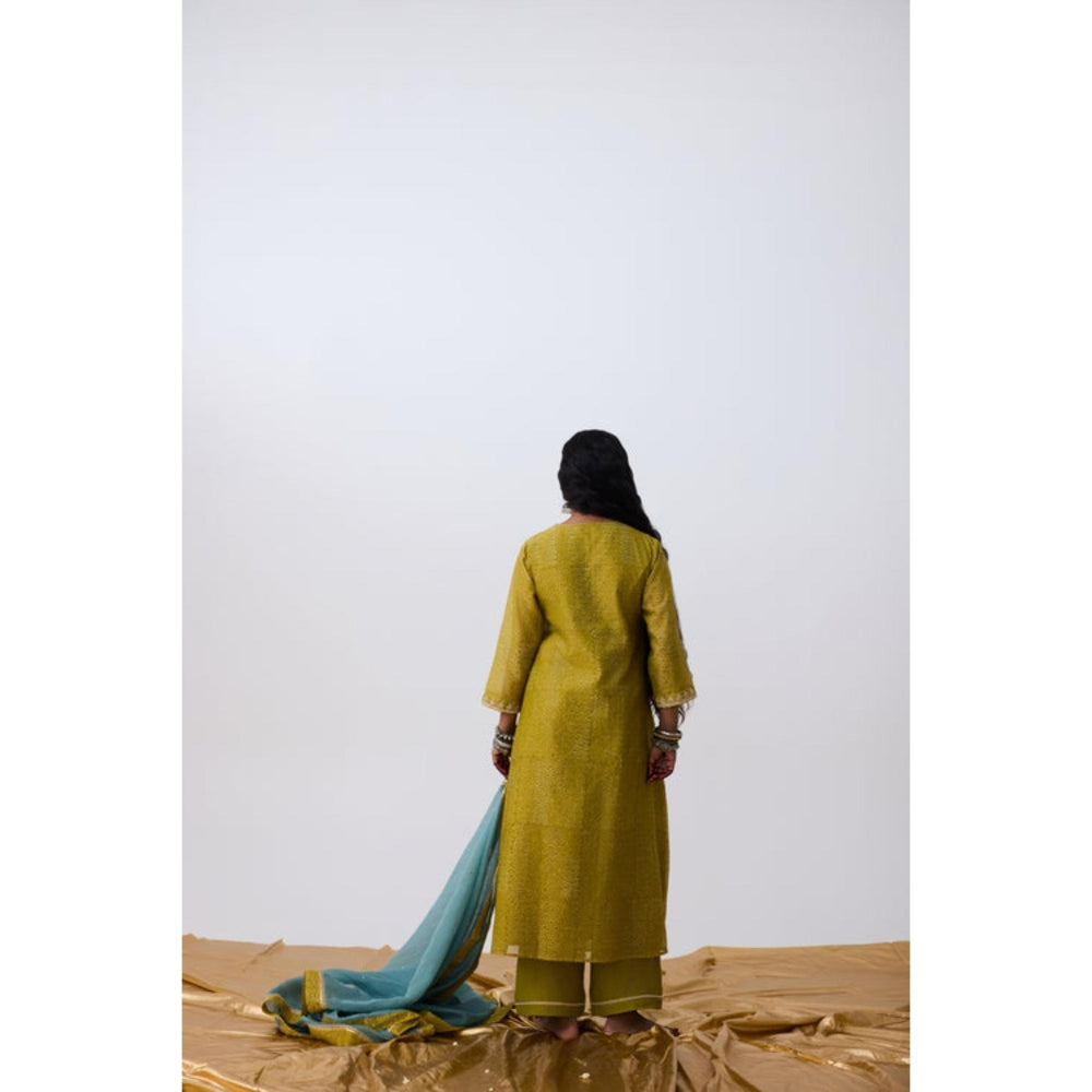 Pant AND PAJAMAS Women Cotton Silk Green Kurta with Pant and Dupatta