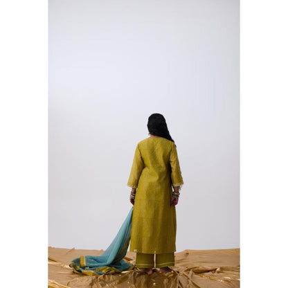 Pant AND PAJAMAS Women Cotton Silk Green Kurta with Pant and Dupatta