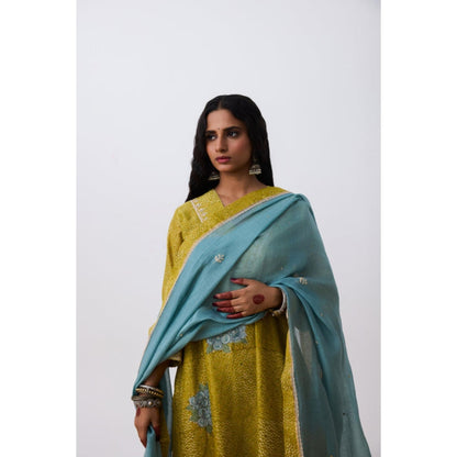 Pant AND PAJAMAS Women Cotton Silk Green Kurta with Pant and Dupatta
