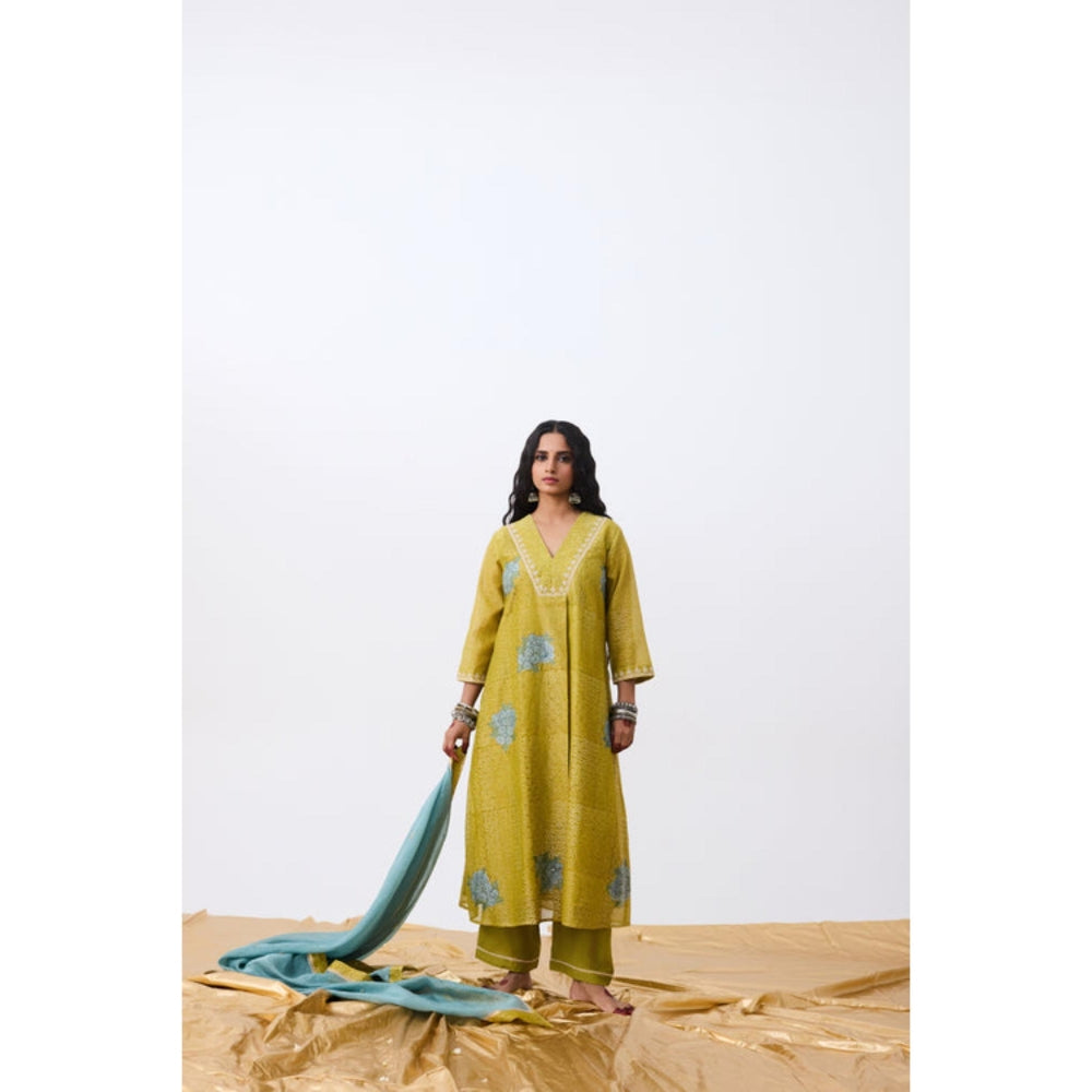 Pant AND PAJAMAS Women Cotton Silk Green Kurta with Pant