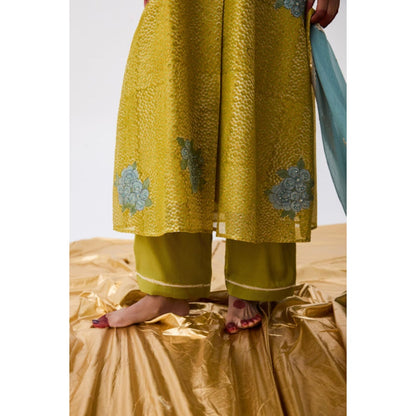 Pant AND PAJAMAS Women Cotton Silk Green Kurta with Pant
