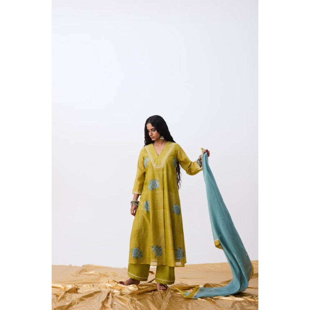 Pant AND PAJAMAS Women Cotton Silk Green Kurta with Pant