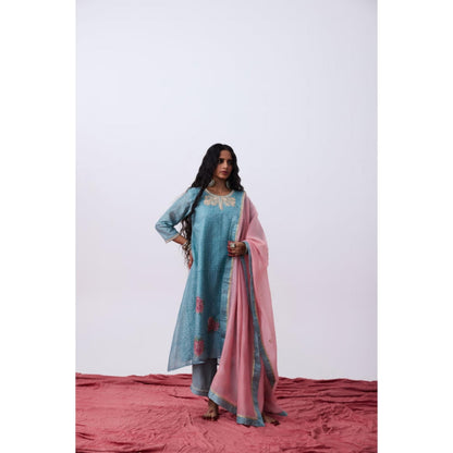Pant AND PAJAMAS Women Cotton Silk Blue Kurta with Pant