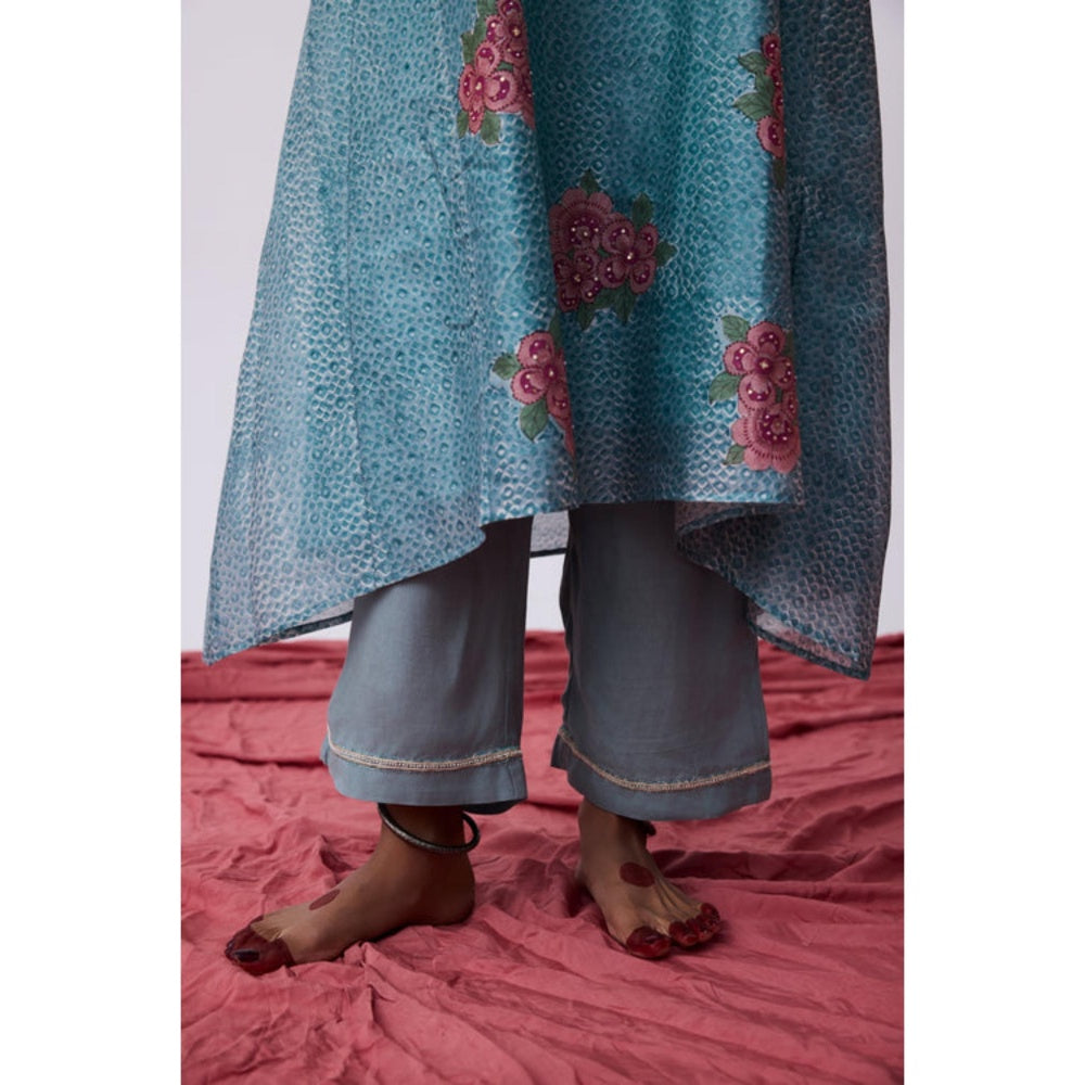 Pant AND PAJAMAS Women Cotton Silk Blue Kurta with Pant