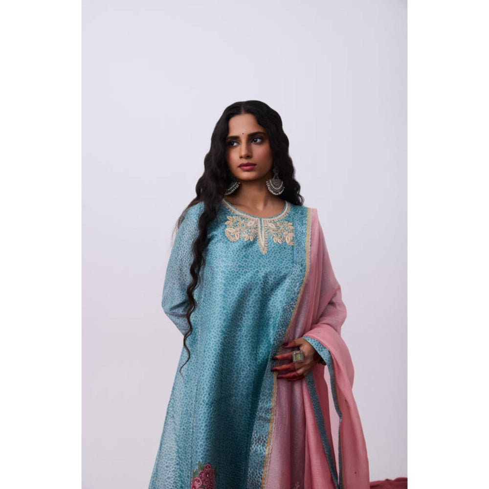 Pant AND PAJAMAS Women Cotton Silk Blue Kurta with Pant