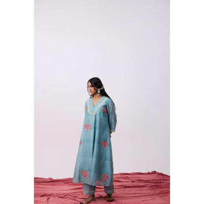 Pant AND PAJAMAS Women Cotton Silk Blue Kurta with Pant and Dupatta