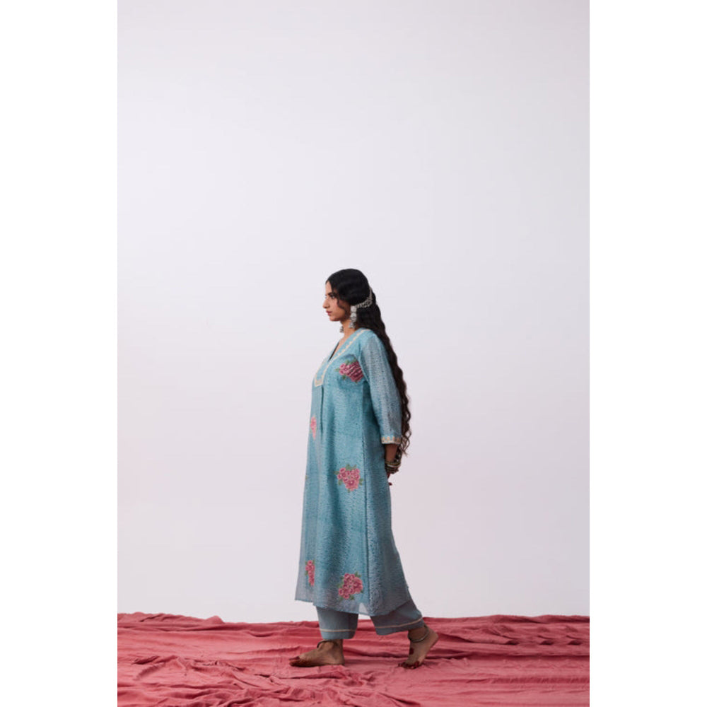 PANTS AND PAJAMAS Aavirbhav Blue V Neck Printed Kurta