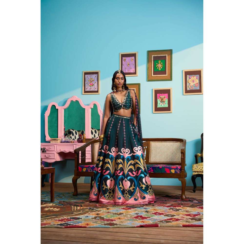 Papa Don't Preach by Shubhika Green Whispers Of The Forest Lehenga With Blouse And Dupatta