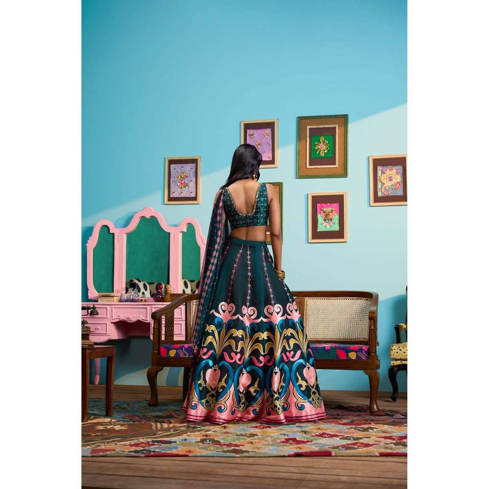 Papa Don't Preach by Shubhika Green Whispers Of The Forest Lehenga With Blouse And Dupatta