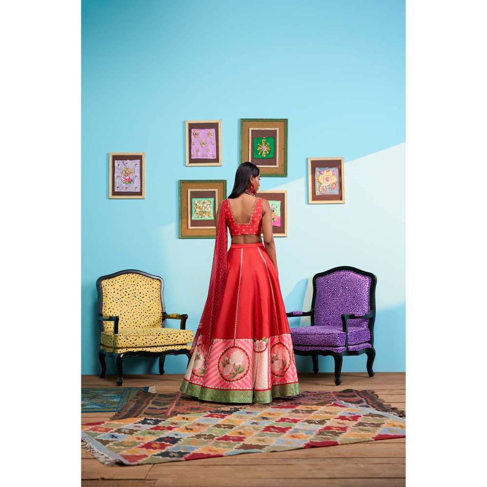 Papa Don't Preach by Shubhika Red Rose Affair Lehenga With Blouse And Dupatta