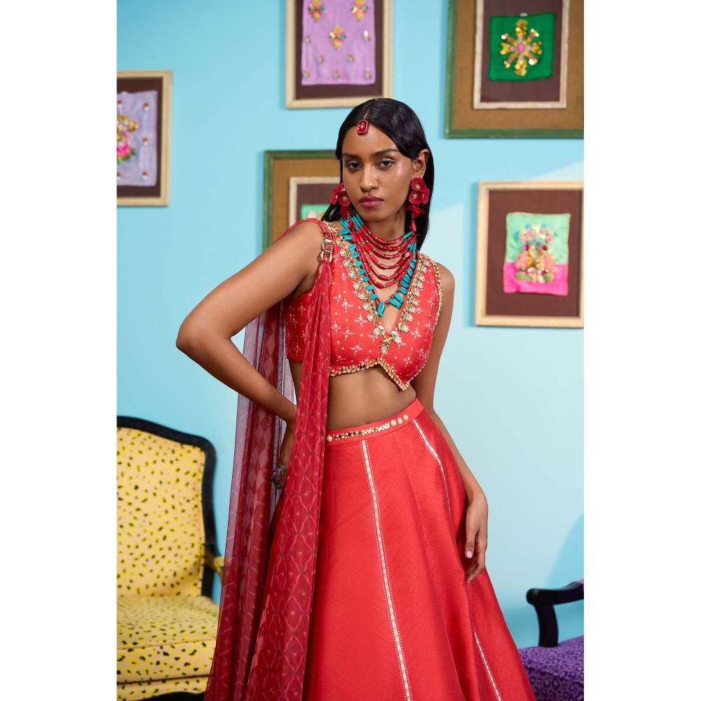 Papa Don't Preach by Shubhika Red Rose Affair Lehenga With Blouse And Dupatta