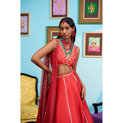Papa Don't Preach by Shubhika Red Rose Affair Lehenga With Blouse And Dupatta
