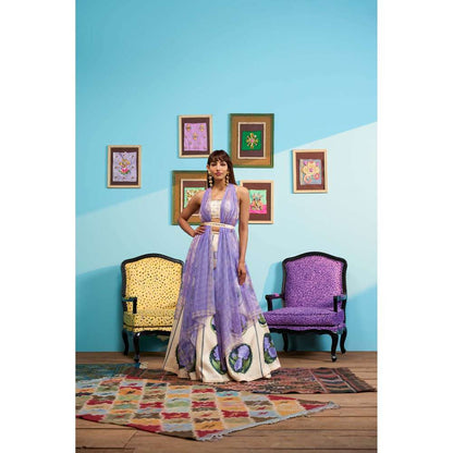 Papa Don't Preach by Shubhika Cream Soft Serve Swirl Lehenga With Blouse, Jacket And Belt