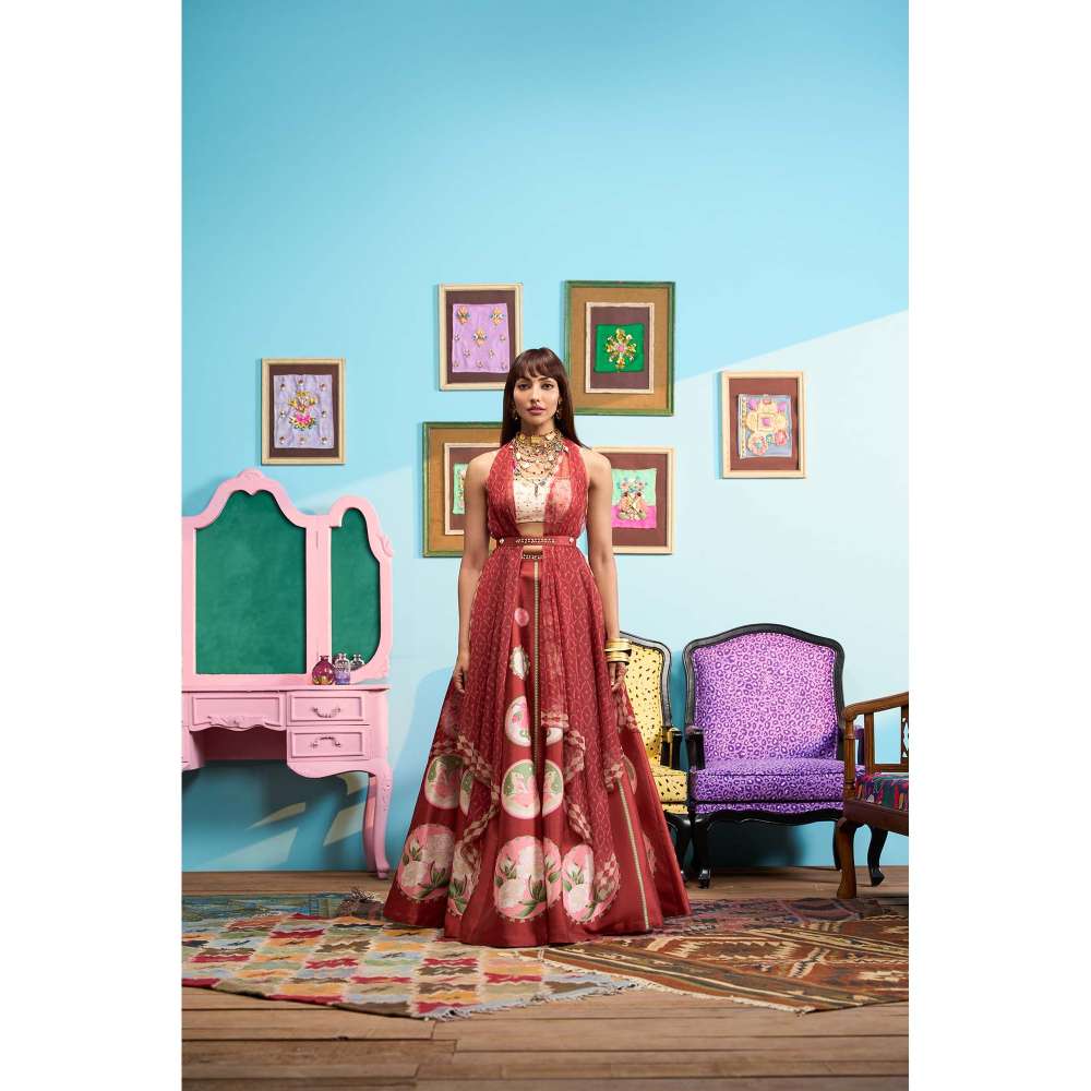 Papa Don't Preach by Shubhika Maroon Cinnamon Kisses Lehenga With Blouse, Jacket And Belt