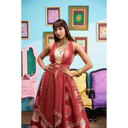 Papa Don't Preach by Shubhika Maroon Cinnamon Kisses Lehenga With Blouse, Jacket And Belt