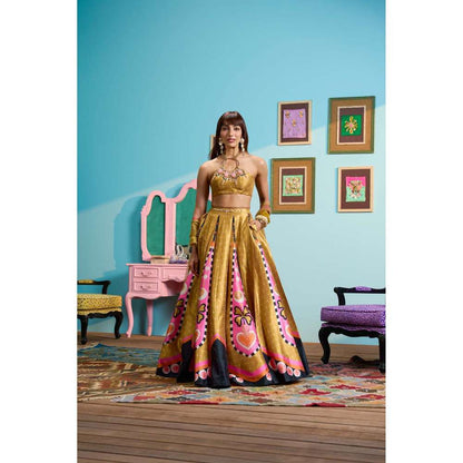 Papa Don't Preach by Shubhika Gold Honey Dipped Lehenga With Blouse And Dupatta