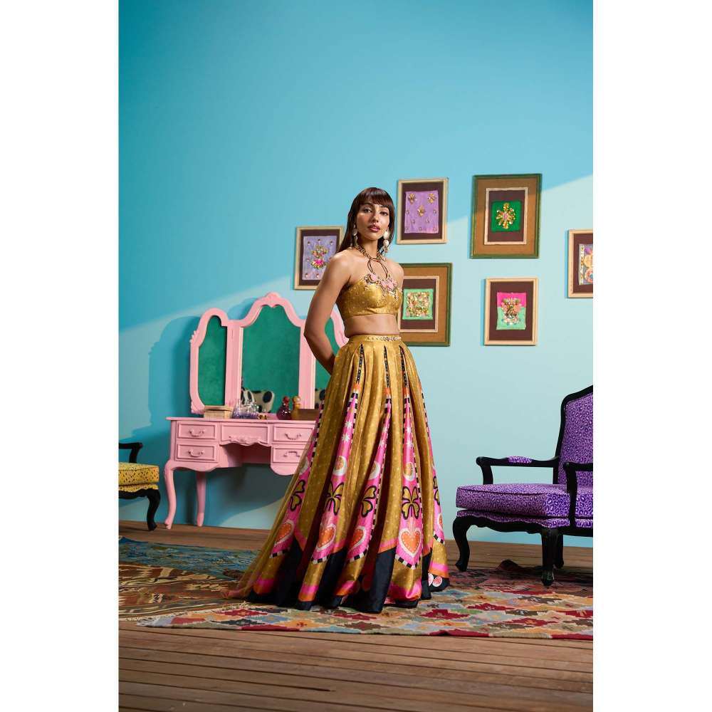 Papa Don't Preach by Shubhika Gold Honey Dipped Lehenga With Blouse And Dupatta