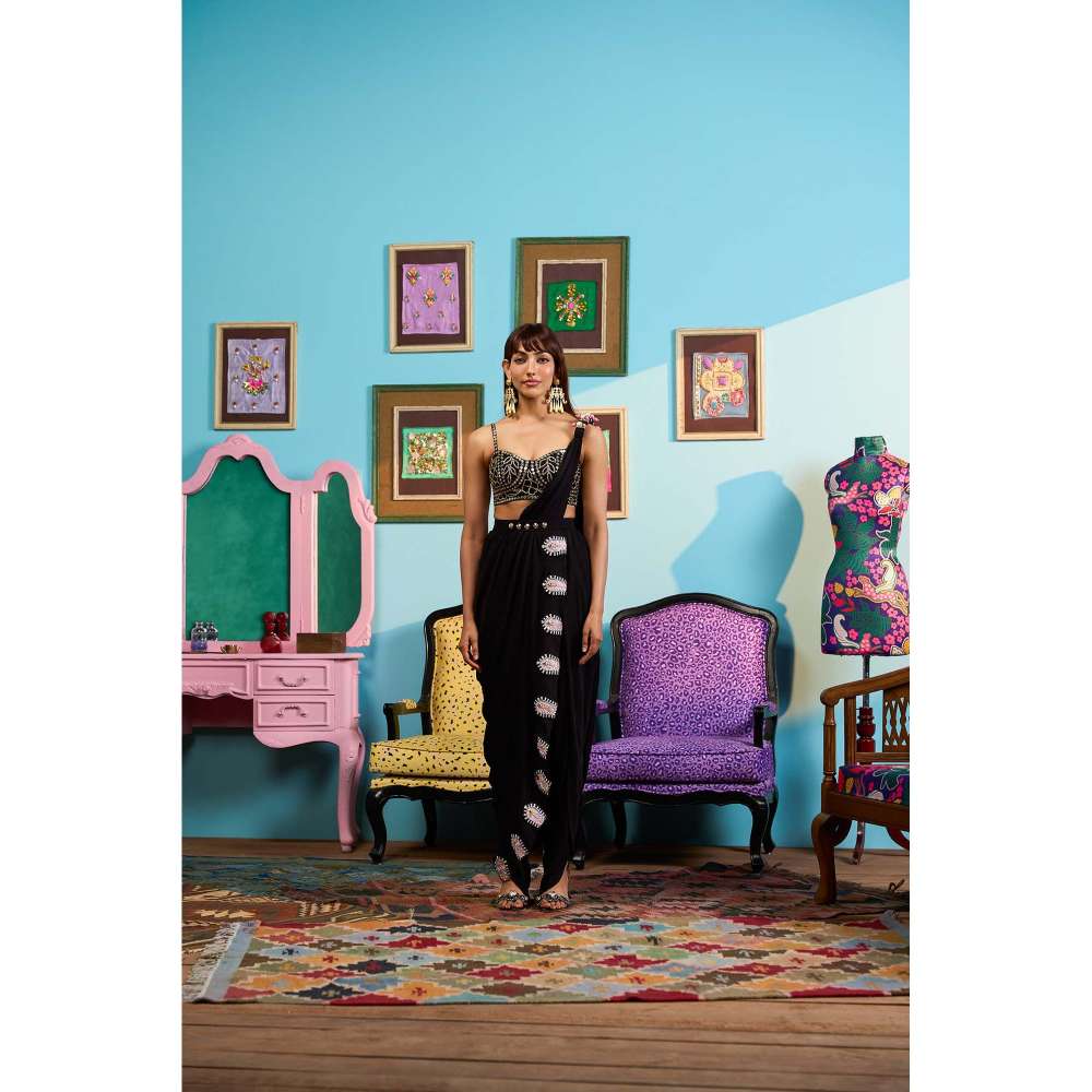 Papa Don't Preach by Shubhika Black Draped In Drama Saree with Stitched Blouse, Pant And Belt