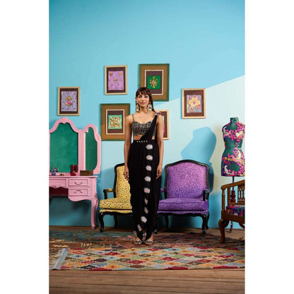 Papa Don't Preach by Shubhika Black Draped In Drama Saree with Stitched Blouse, Pant And Belt
