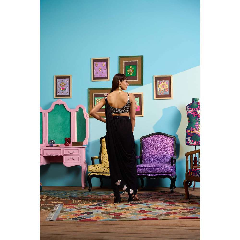 Papa Don't Preach by Shubhika Black Draped In Drama Saree with Stitched Blouse, Pant And Belt