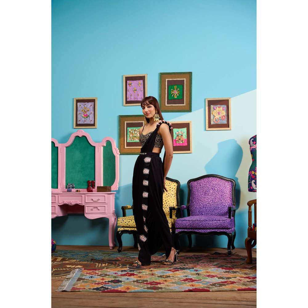 Papa Don't Preach by Shubhika Black Draped In Drama Saree with Stitched Blouse, Pant And Belt