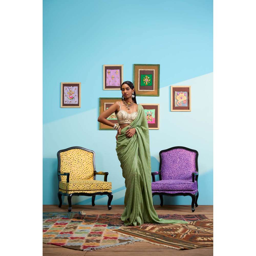 Papa Don't Preach by Shubhika Green The Art Of Drama Saree with Stitched Blouse