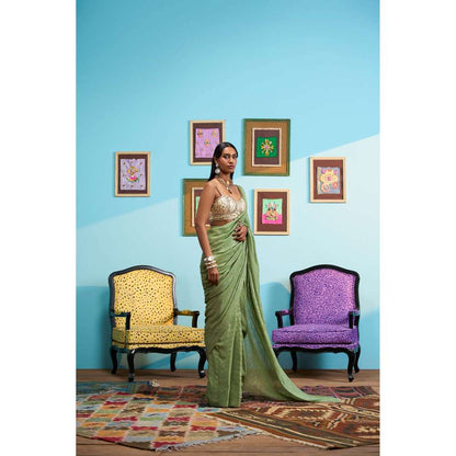Papa Don't Preach by Shubhika Green The Art Of Drama Saree with Stitched Blouse