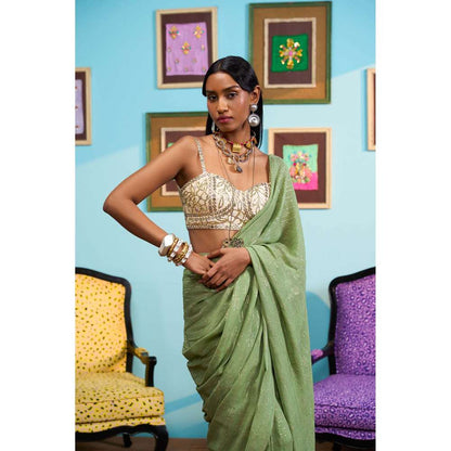Papa Don't Preach by Shubhika Green The Art Of Drama Saree with Stitched Blouse