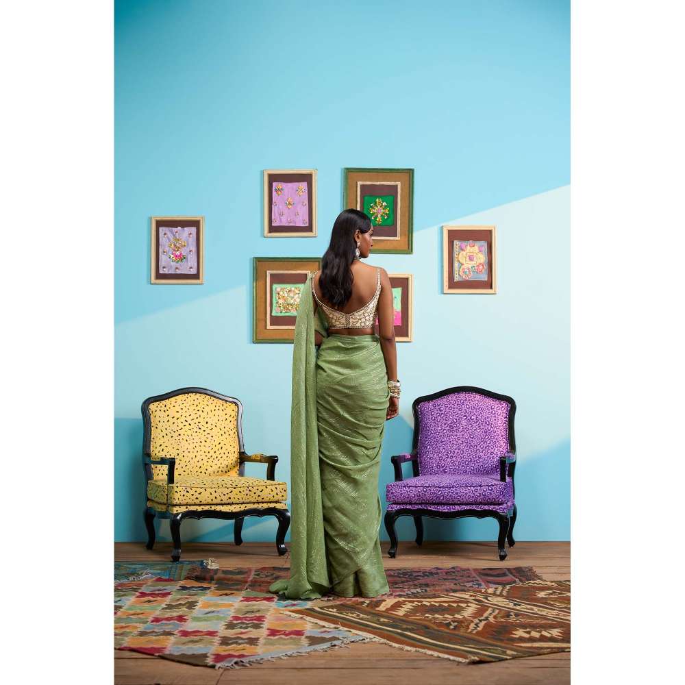Papa Don't Preach by Shubhika Green The Art Of Drama Saree with Stitched Blouse