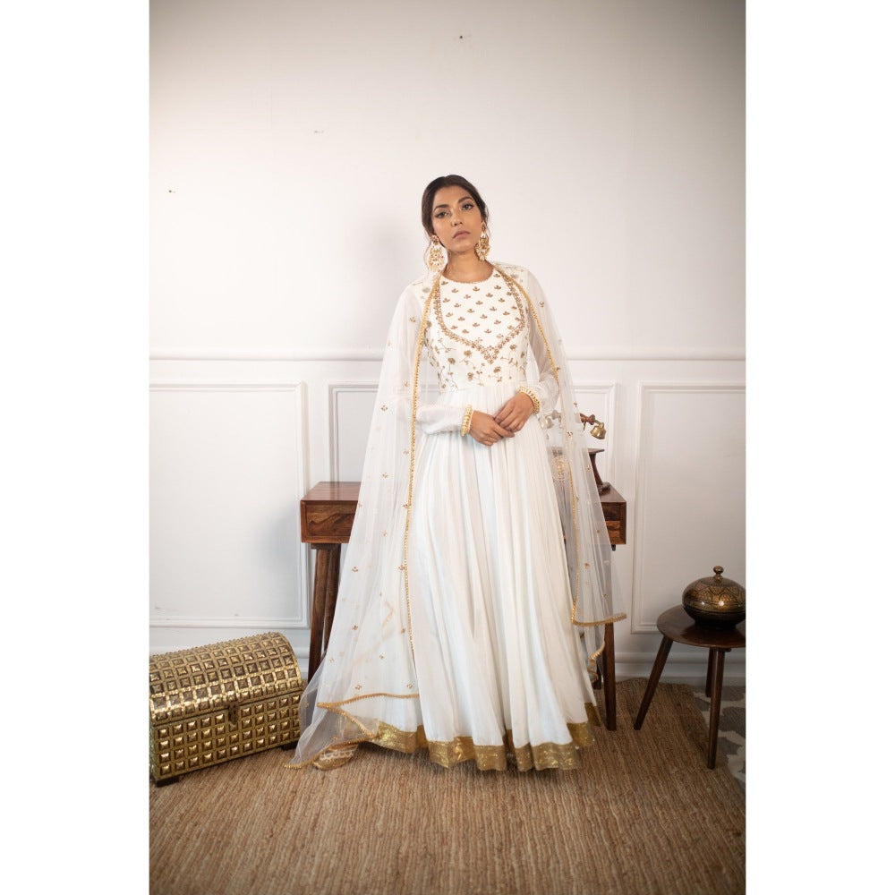 PARUL GANDHI Accacia White Anarkali with Dupatta (Set of 2)