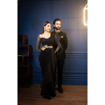 PARUL GANDHI Night Tulip Ruffle Saree with Stitched Blouse & Belt