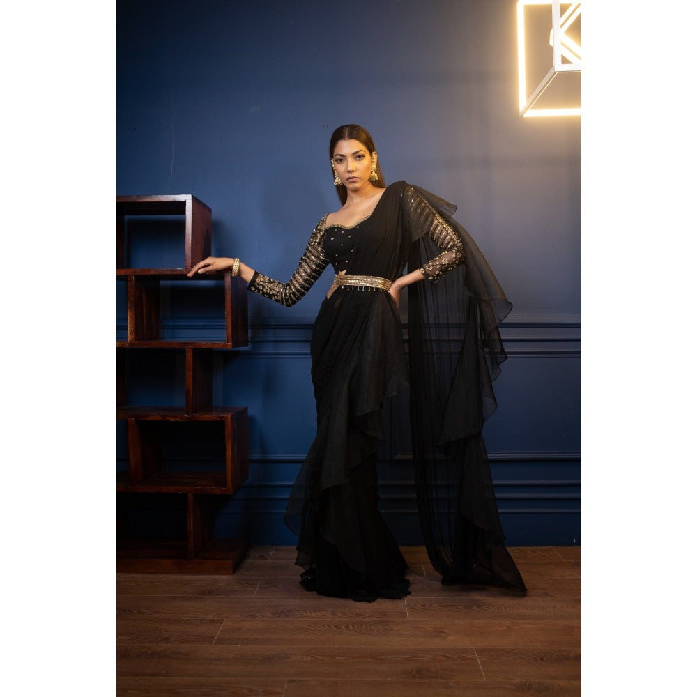 PARUL GANDHI Night Tulip Ruffle Saree with Stitched Blouse & Belt