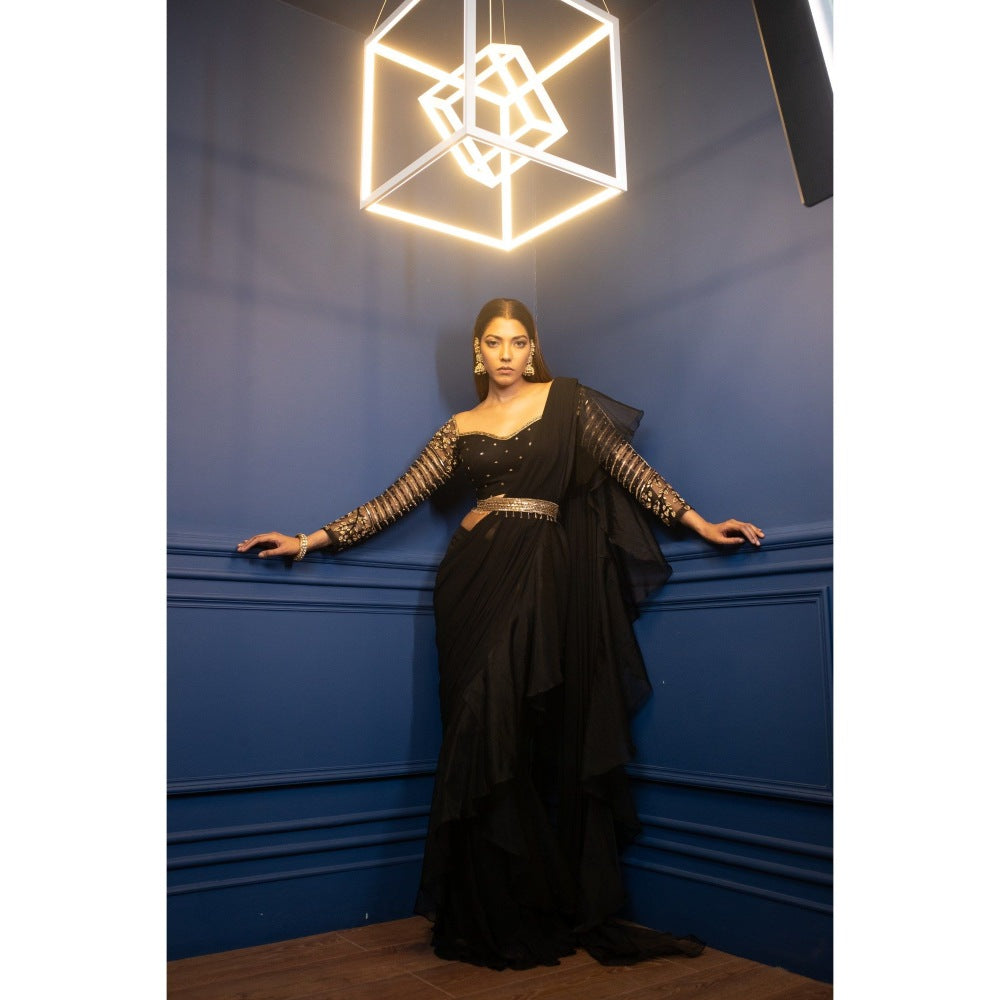 PARUL GANDHI Night Tulip Ruffle Saree with Stitched Blouse & Belt