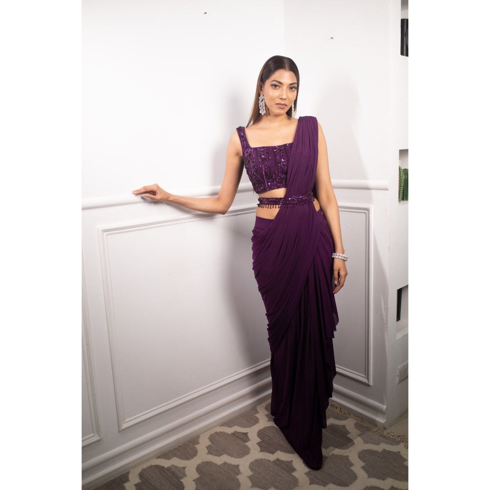 PARUL GANDHI Deep Aubergine Drape Saree with Stitched Blouse & Belt