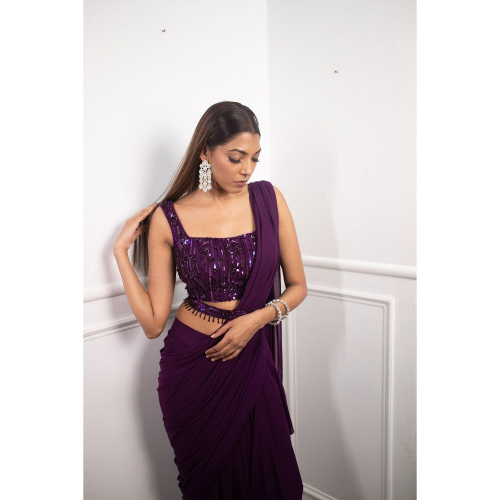 PARUL GANDHI Deep Aubergine Drape Saree with Stitched Blouse & Belt