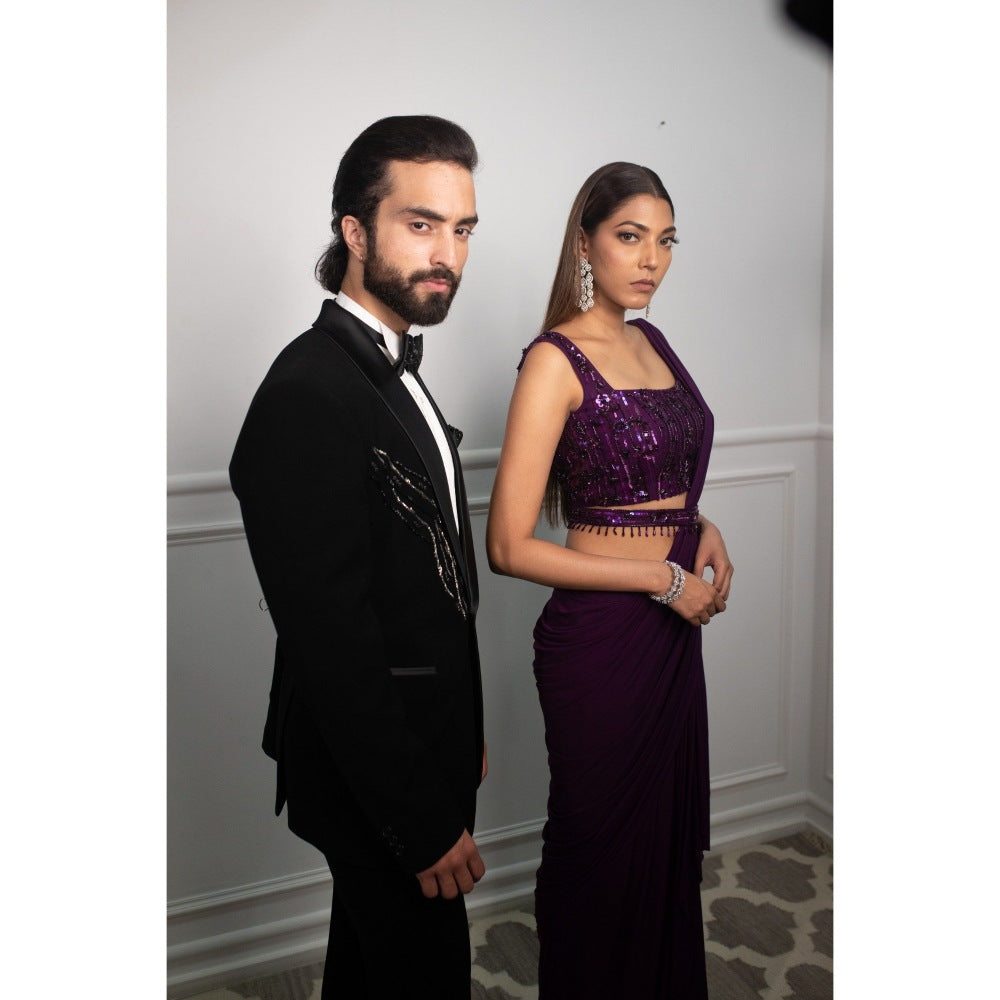 PARUL GANDHI Deep Aubergine Drape Saree with Stitched Blouse & Belt