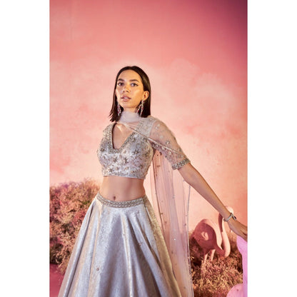 PARUL GANDHI Gleam Silver Blouse with Lehenga & Dupatta (Set of 3)