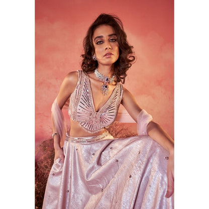 PARUL GANDHI Sairah Soft Pink Blouse with Lehenga & Dupatta (Set of 3)