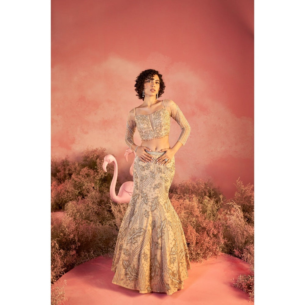 PARUL GANDHI Leaf Nude Blouse with Lehenga & Dupatta (Set of 3)