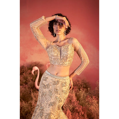 PARUL GANDHI Leaf Nude Blouse with Lehenga & Dupatta (Set of 3)